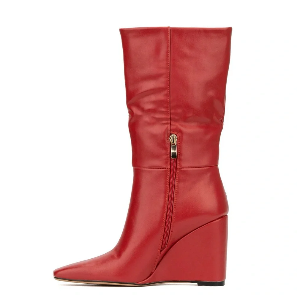 Red Leather Wedge Boots - Picture 2 of 8
